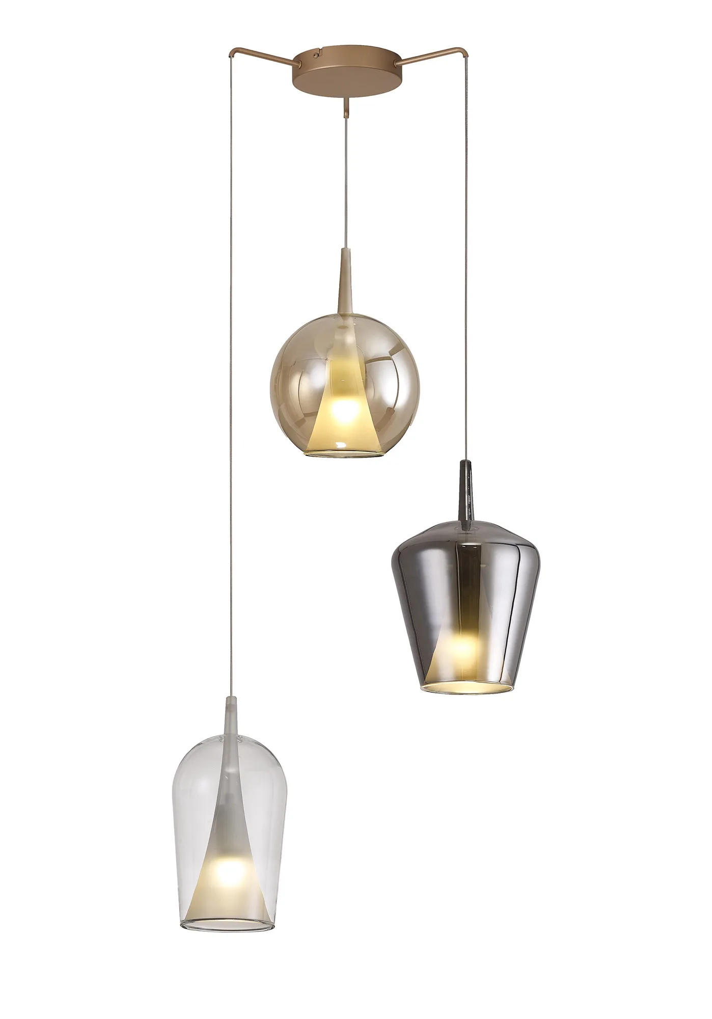 M8258  Elsa Mixed Shade Pendant 3 Light Gold Frame/Clear/Chrome/Bronze Glass